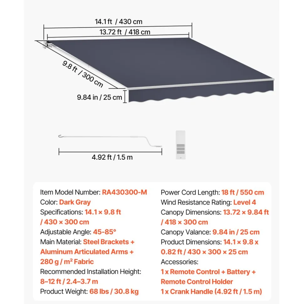 VEVOR Electric Retractable Awning, 14.1' x 9.8' Motorized Patio Awning, Sunshade Shelter with Remote Controller & Manual Crank Handle, Waterproof Polyester Fabric for Outdoor Deck, Balcony, Yard, Gray