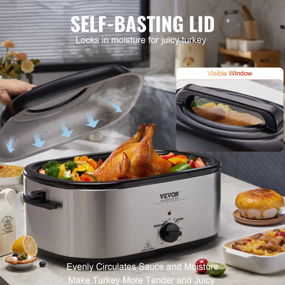 VEVOR Electric Roaster Oven, 24 QT Turkey Roaster Oven with Self-Basting Lid, 1450W Roaster Oven with Defrost & Warm Function, Adjustable Temp, Removable Pan & Rack, Fits Turkeys Up to 28LBS, Silver