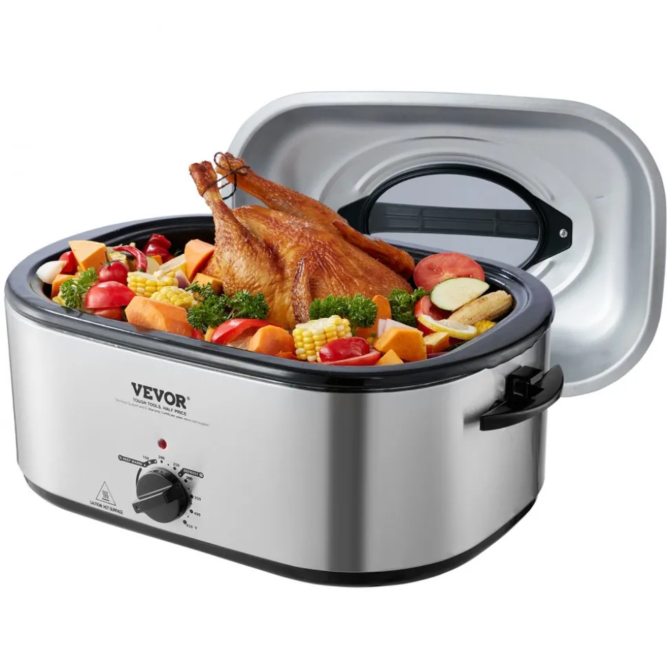VEVOR Electric Roaster Oven, 24 QT Turkey Roaster Oven with Self-Basting Lid, 1450W Roaster Oven with Defrost & Warm Function, Adjustable Temp, Removable Pan & Rack, Fits Turkeys Up to 28LBS, Silver
