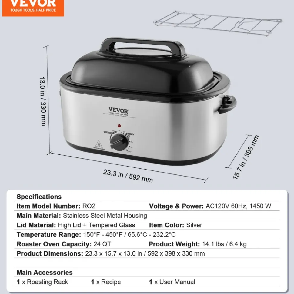 VEVOR Electric Roaster Oven, 24 QT Turkey Roaster Oven with Self-Basting Lid, 1450W Roaster Oven with Defrost & Warm Function, Adjustable Temp, Removable Pan & Rack, Fits Turkeys Up to 28LBS, Silver