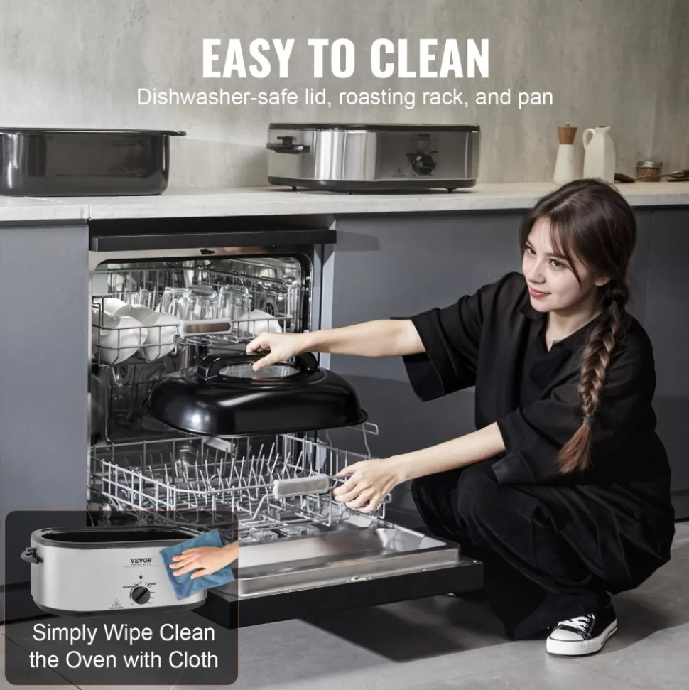 VEVOR Electric Roaster Oven, 24 QT Turkey Roaster Oven with Self-Basting Lid, 1450W Roaster Oven with Defrost & Warm Function, Adjustable Temp, Removable Pan & Rack, Fits Turkeys Up to 28LBS, Silver