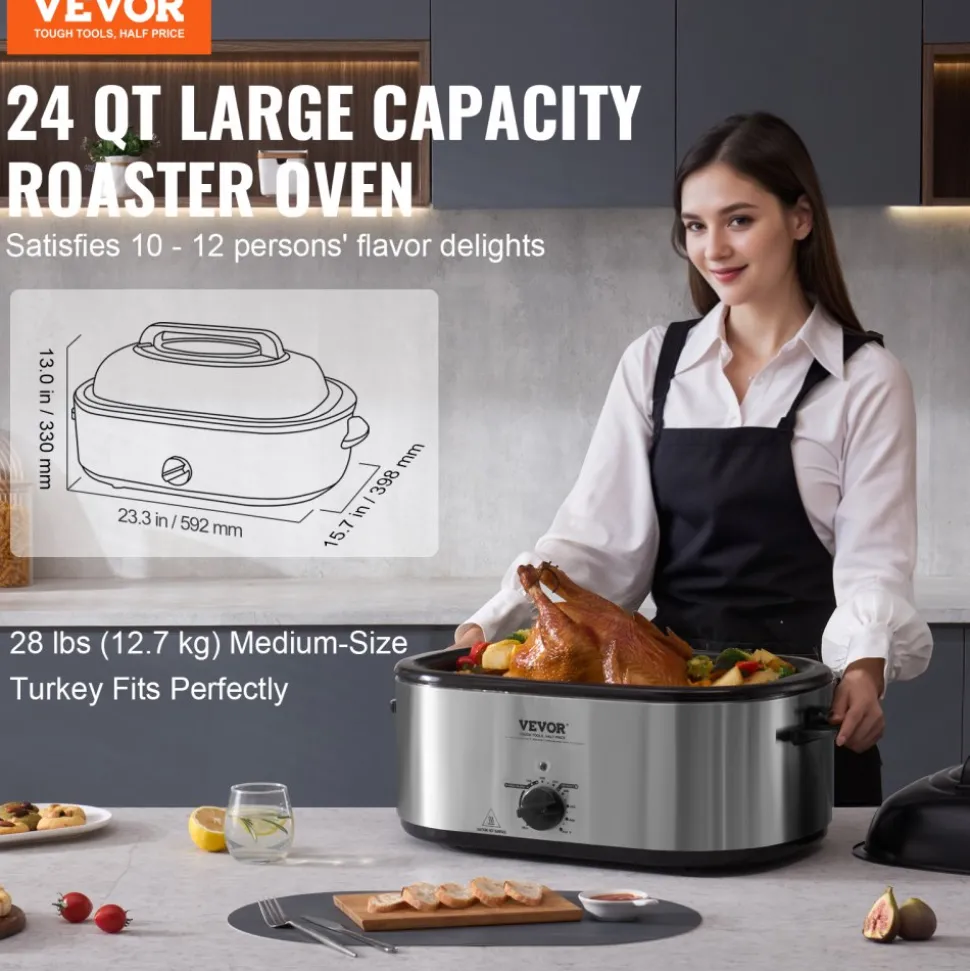 VEVOR Electric Roaster Oven, 24 QT Turkey Roaster Oven with Self-Basting Lid, 1450W Roaster Oven with Defrost & Warm Function, Adjustable Temp, Removable Pan & Rack, Fits Turkeys Up to 28LBS, Silver