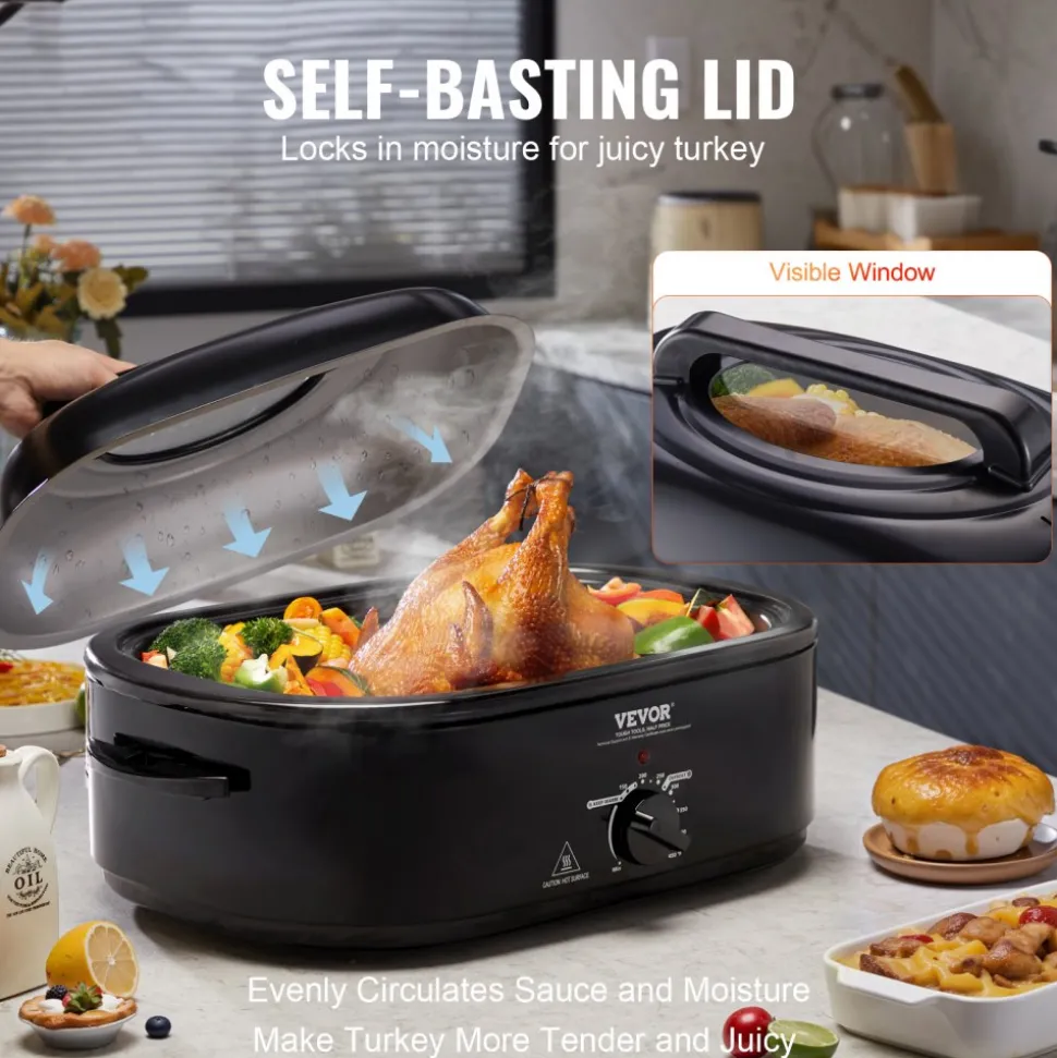 VEVOR Electric Roaster Oven, 24 QT Turkey Roaster Oven with Self-Basting Lid, 1450W Roaster Oven with Defrost & Warm Function, Adjustable Temp, Removable Pan & Rack, Fits Turkeys Up to 28LBS, Black