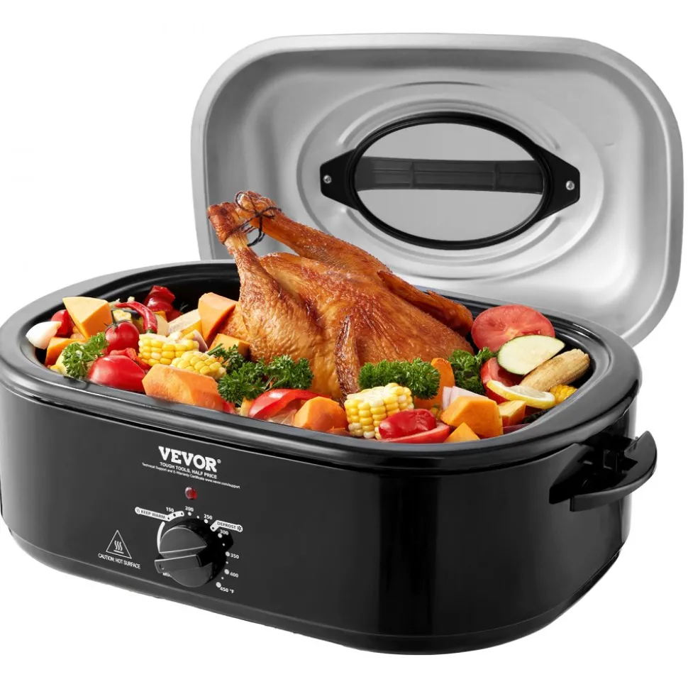 VEVOR Electric Roaster Oven, 24 QT Turkey Roaster Oven with Self-Basting Lid, 1450W Roaster Oven with Defrost & Warm Function, Adjustable Temp, Removable Pan & Rack, Fits Turkeys Up to 28LBS, Black