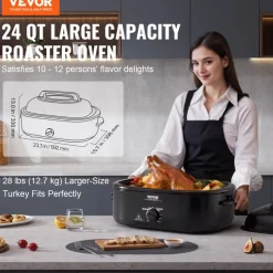 VEVOR Electric Roaster Oven, 24 QT Turkey Roaster Oven with Self-Basting Lid, 1450W Roaster Oven with Defrost & Warm Function, Adjustable Temp, Removable Pan & Rack, Fits Turkeys Up to 28LBS, Black