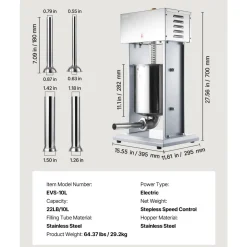 VEVOR Electric Sausage Stuffer, 22 LBS / 10 L Vertical Meat Filler with Stepless Speed Adjustment, Stainless Steel Sausage Stuffing Machine, Foot Pedal & 4 Filling Tubes, for Commercial and Home Use