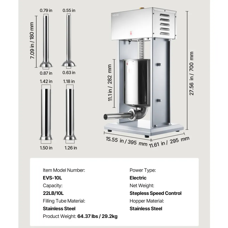 VEVOR Electric Sausage Stuffer, 22 LBS / 10 L Vertical Meat Filler with Stepless Speed Adjustment, Stainless Steel Sausage Stuffing Machine, Foot Pedal & 4 Filling Tubes, for Commercial and Home Use