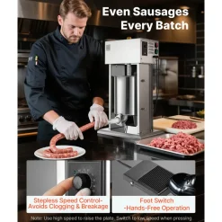 VEVOR Electric Sausage Stuffer, 22 LBS / 10 L Vertical Meat Stuffer, Stepless Speed Control and Foot Pedal, Stainless Steel Heavy Duty Sausage Filler with 4 Stuffing Tubes, for Commercial & Home Use