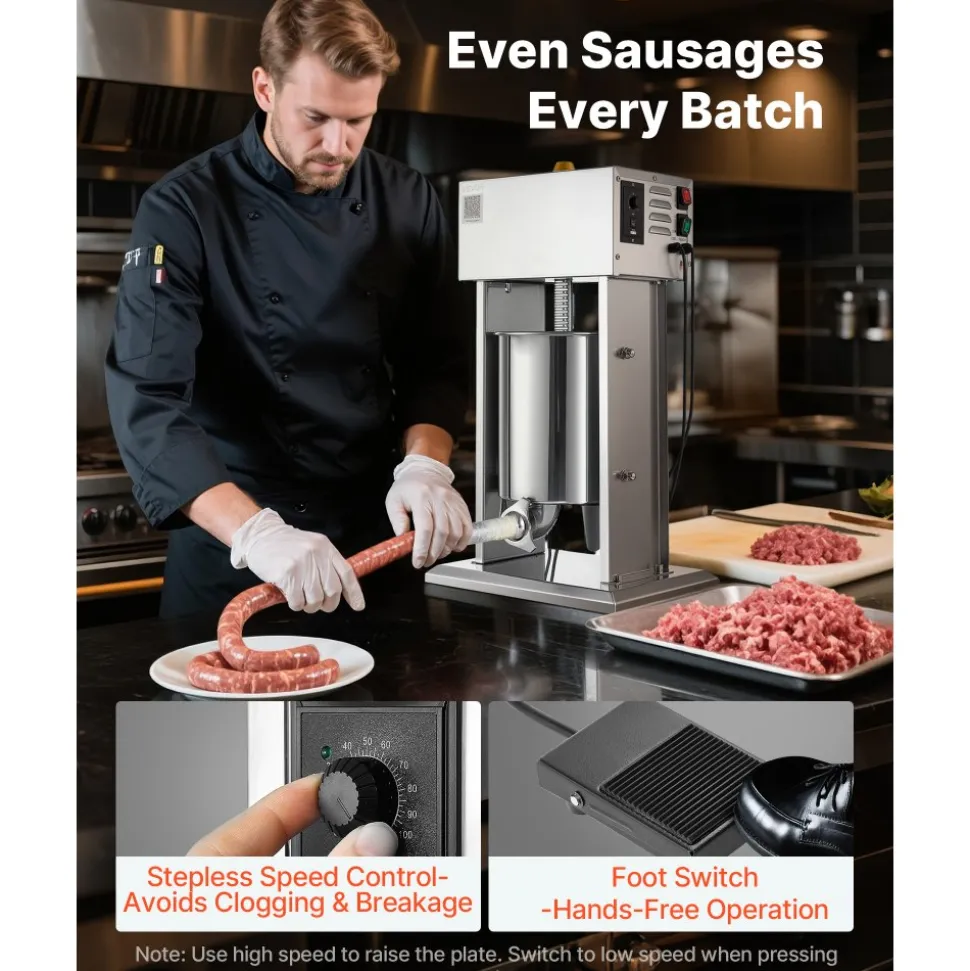 VEVOR Electric Sausage Stuffer, 22 LBS / 10 L Vertical Meat Stuffer, Stepless Speed Control and Foot Pedal, Stainless Steel Heavy Duty Sausage Filler with 4 Stuffing Tubes, for Commercial & Home Use