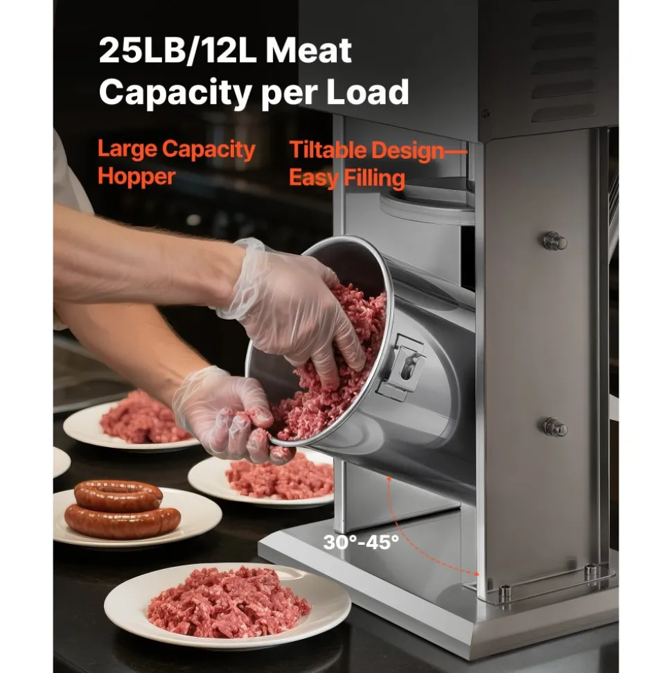 VEVOR Electric Sausage Stuffer, 25 LBS / 12 L Vertical Meat Stuffer, Stepless Speed Control and Foot Pedal, Stainless Steel Heavy Duty Sausage Filler with 4 Stuffing Tubes, for Commercial & Home Use