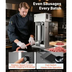 VEVOR Electric Sausage Stuffer, 25 LBS / 12 L Vertical Meat Stuffer, Stepless Speed Control and Foot Pedal, Stainless Steel Heavy Duty Sausage Filler with 4 Stuffing Tubes, for Commercial & Home Use