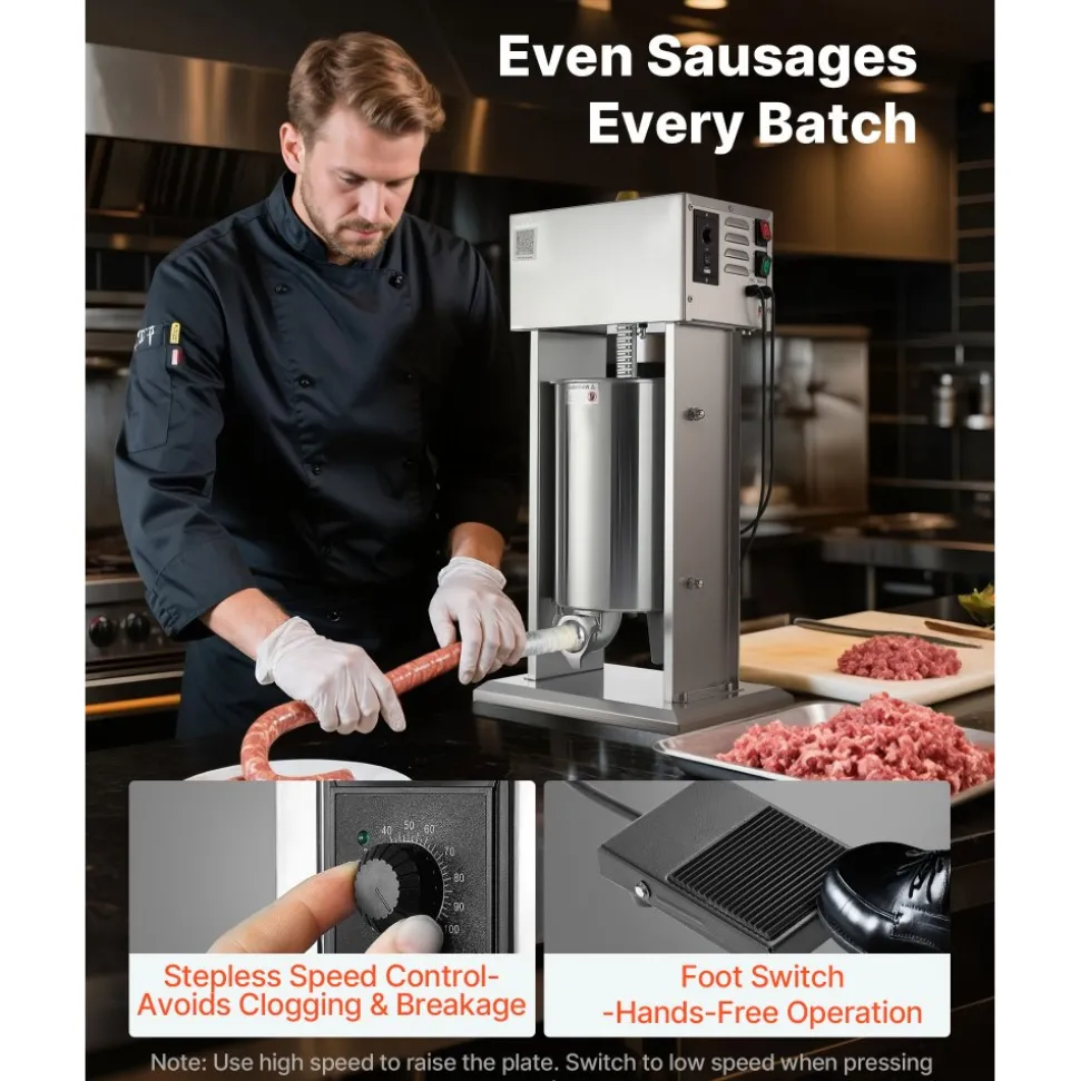 VEVOR Electric Sausage Stuffer, 25 LBS / 12 L Vertical Meat Stuffer, Stepless Speed Control and Foot Pedal, Stainless Steel Heavy Duty Sausage Filler with 4 Stuffing Tubes, for Commercial & Home Use