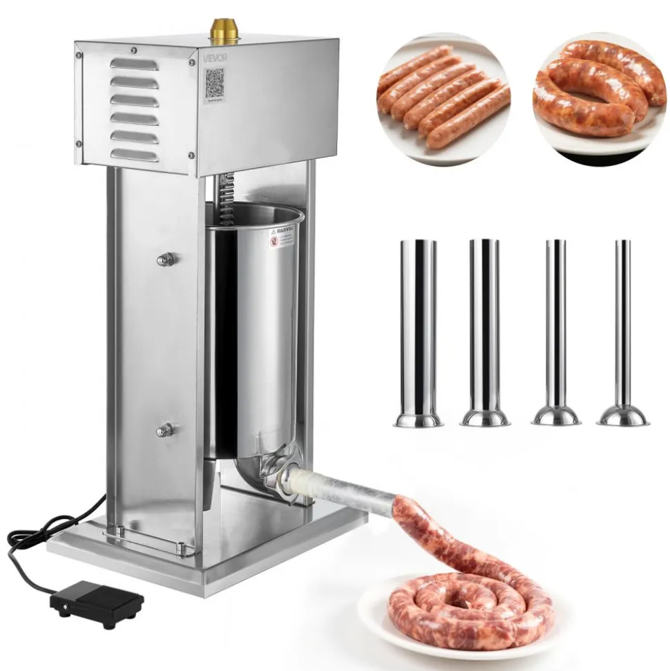 VEVOR Electric Sausage Stuffer, 25 LBS / 12 L Vertical Meat Stuffer, Stepless Speed Control and Foot Pedal, Stainless Steel Heavy Duty Sausage Filler with 4 Stuffing Tubes, for Commercial & Home Use