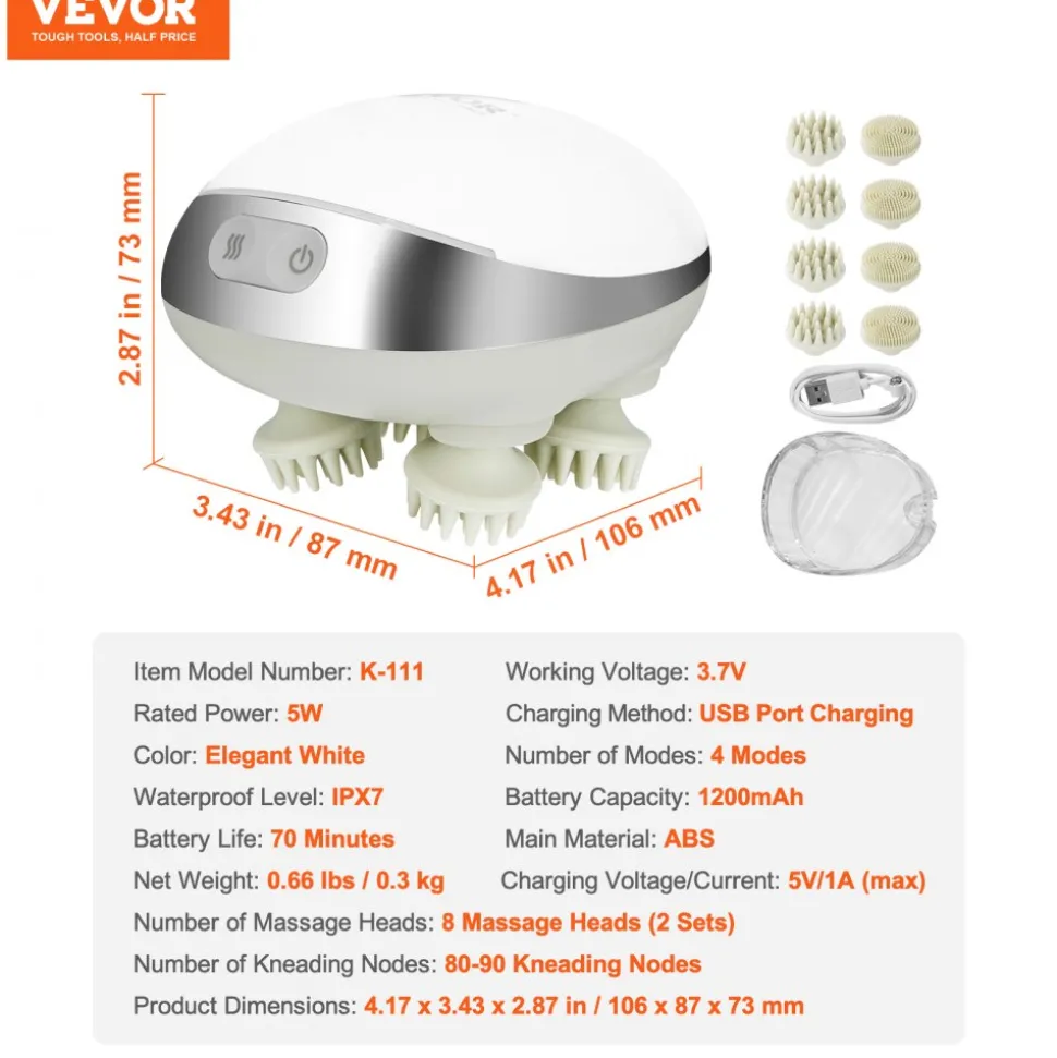 VEVOR Electric Scalp Massager with Heat, Rechargeable Heated Head Massager, IPX7 Waterproof | Portable Kneading Scalp Scratcher with 8 Removable Massage Head for Hair Growth, Deep Clean, Stress Relax