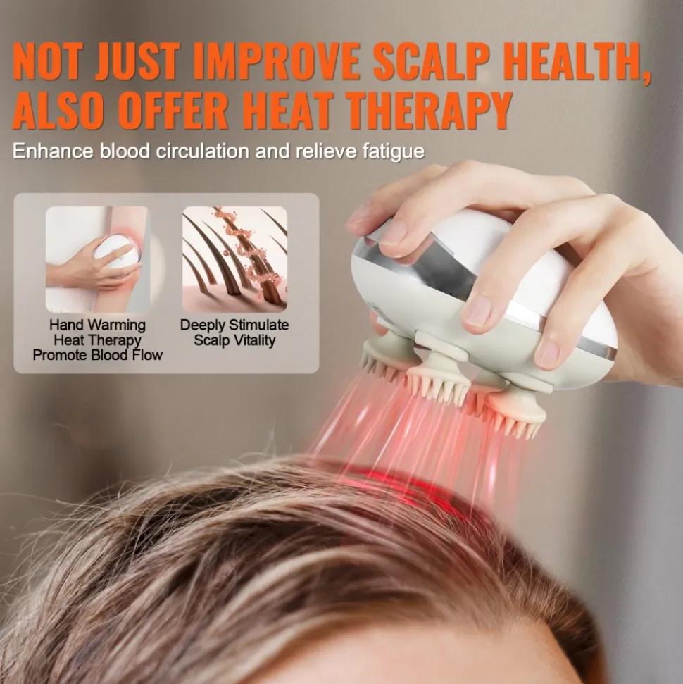 VEVOR Electric Scalp Massager with Heat, Rechargeable Heated Head Massager, IPX7 Waterproof | Portable Kneading Scalp Scratcher with 8 Removable Massage Head for Hair Growth, Deep Clean, Stress Relax