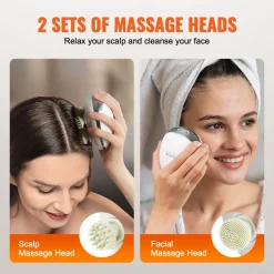 VEVOR Electric Scalp Massager with Heat, Rechargeable Heated Head Massager, IPX7 Waterproof | Portable Kneading Scalp Scratcher with 8 Removable Massage Head for Hair Growth, Deep Clean, Stress Relax