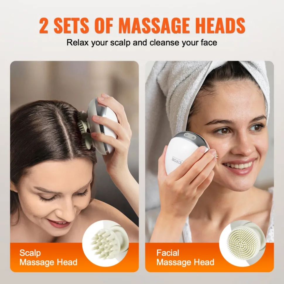 VEVOR Electric Scalp Massager with Heat, Rechargeable Heated Head Massager, IPX7 Waterproof | Portable Kneading Scalp Scratcher with 8 Removable Massage Head for Hair Growth, Deep Clean, Stress Relax