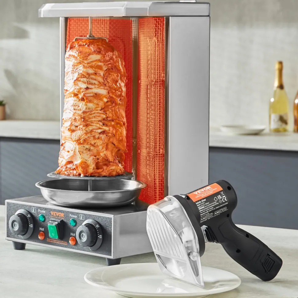 VEVOR Electric Shawarma Knife, 80W Cordless Battery Professional Turkish Knife, Commercial Stainless Steel Gyro Cutter, Doner Kebab Meat Slicer with 2 Blades, Φ4"/100mm, 0-8mm Adjustable Thickness