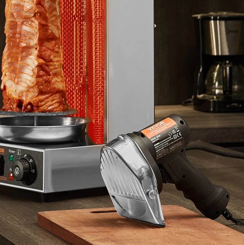 VEVOR Electric Shawarma Knife, 80W Professional Turkish Kebab Knife, Commercial Stainless Steel Gyro Cutter, Doner Kebab Meat Slicer with 2 Blades, Φ4"/100mm Blade Diameter, 0-8mm Adjustable Thickness