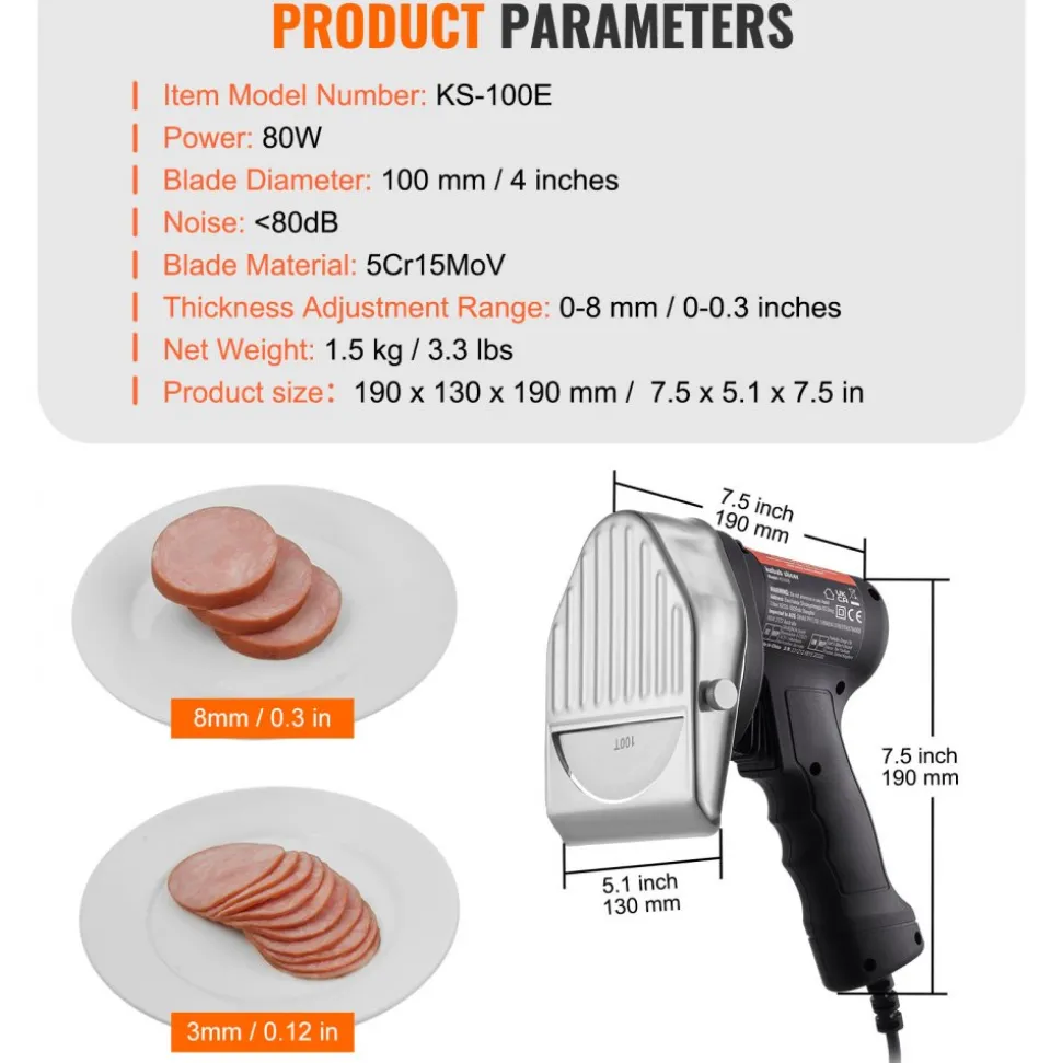 VEVOR Electric Shawarma Knife, 80W Professional Turkish Kebab Knife, Commercial Stainless Steel Gyro Cutter, Doner Kebab Meat Slicer with 2 Blades, Φ4"/100mm Blade Diameter, 0-8mm Adjustable Thickness