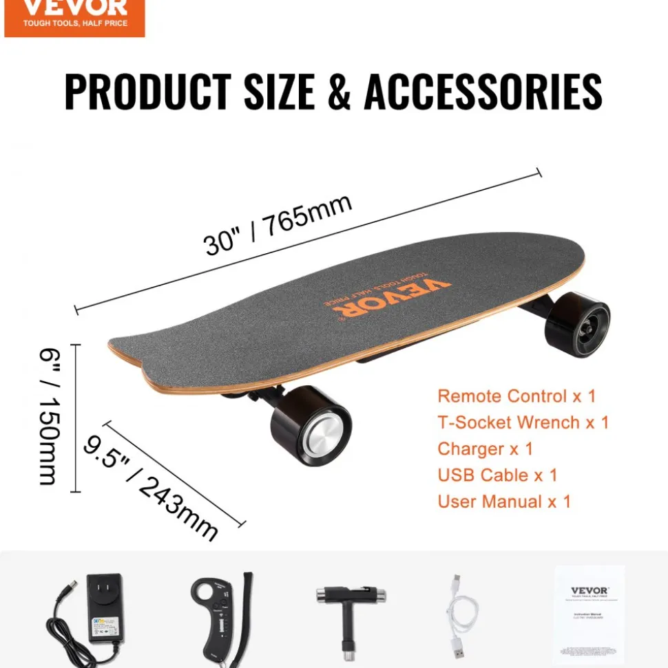 VEVOR Electric Skateboard with Remote, 13.7 Mph Top Speed & 7.5 Miles Max Range Skateboard Longboard, 3 Speeds Adjustment Skateboards, Easy Carry Handle Design, Suitable for Adults & Teens Beginners