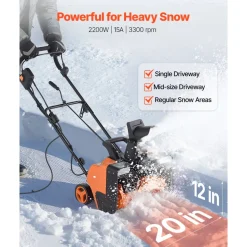 VEVOR Electric Snow Blower, 20 inch 15A Corded Snow Thrower with Dual LED Headlights & 180° Rotating Chute, 25FT Throwing Distance, 12" Depth Clearing, Walk-Behind Snowblower for Driveway Sidewalk