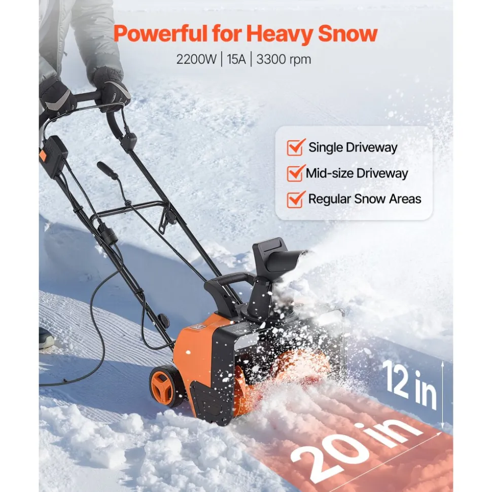VEVOR Electric Snow Blower, 20 inch 15A Corded Snow Thrower with Dual LED Headlights & 180° Rotating Chute, 25FT Throwing Distance, 12" Depth Clearing, Walk-Behind Snowblower for Driveway Sidewalk
