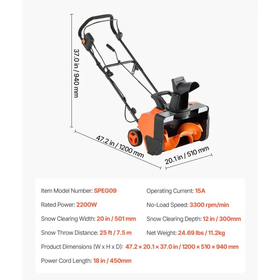 VEVOR Electric Snow Blower, 20 inch 15A Corded Snow Thrower with Dual LED Headlights & 180° Rotating Chute, 25FT Throwing Distance, 12" Depth Clearing, Walk-Behind Snowblower for Driveway Sidewalk