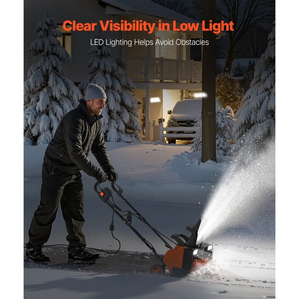 VEVOR Electric Snow Blower, 20 inch 15A Corded Snow Thrower with Dual LED Headlights & 180° Rotating Chute, 25FT Throwing Distance, 12" Depth Clearing, Walk-Behind Snowblower for Driveway Sidewalk