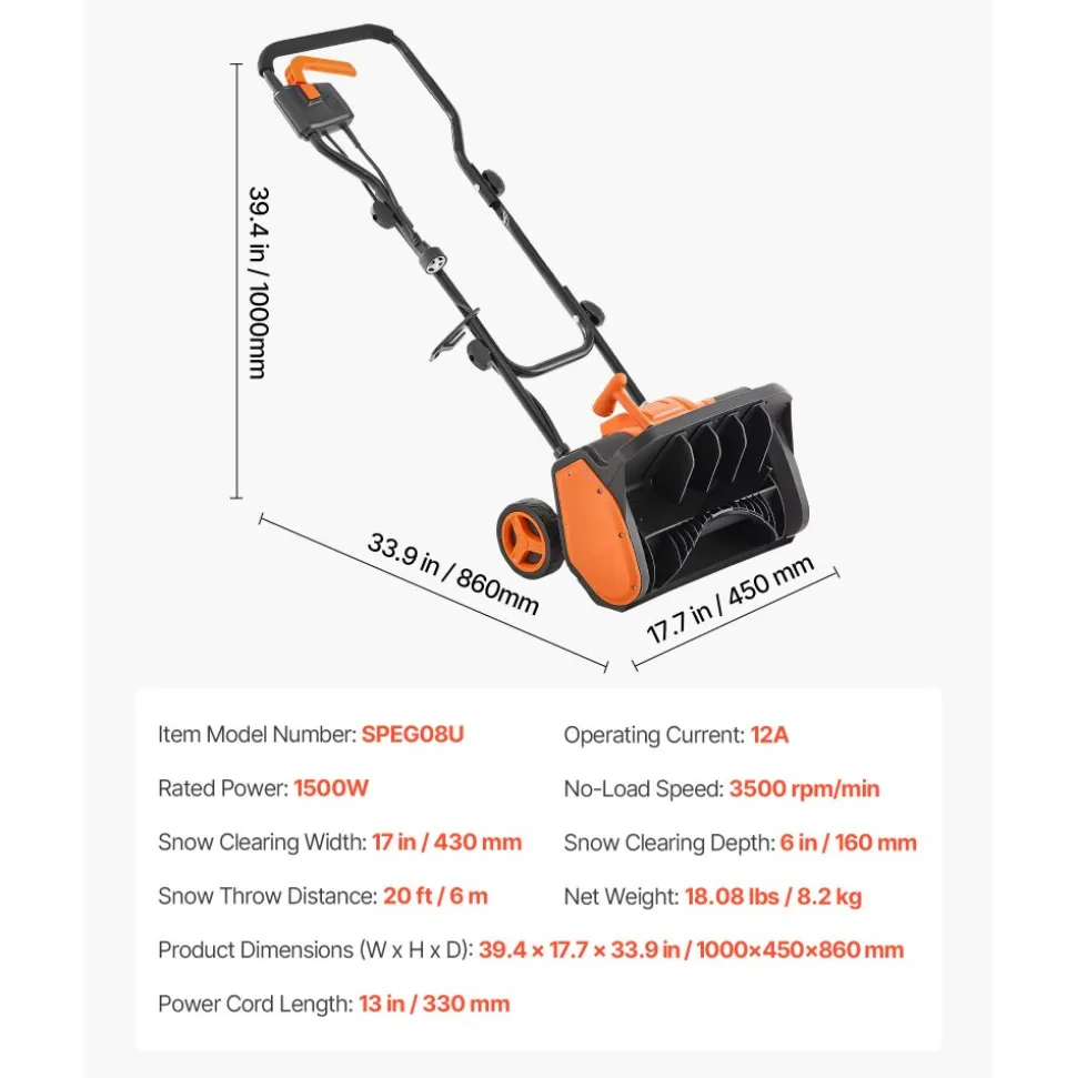 VEVOR Electric Snow Shovel, 12A 17 inch Corded Snow Shovel, 60° Adjustable Chute, 20 ft Throwing Distance, Snowthrower with Dual Safety Switch, Winter Ice Removal Tool for Driveway Sidewalk Patio
