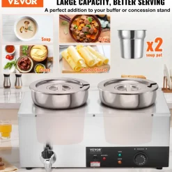 VEVOR Electric Soup Warmer, Dual 7.4QT Stainless Steel Round Pot, 1200W Commercial Food Warmer, 86~185°F Adjustable Temp, Bain Marie with Anti-Dry Burn and Reset Button, for Restaurant, Buffet