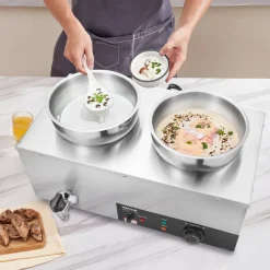 VEVOR Electric Soup Warmer, Dual 7.4QT Stainless Steel Round Pot, 1200W Commercial Food Warmer, 86~185°F Adjustable Temp, Bain Marie with Anti-Dry Burn and Reset Button, for Restaurant, Buffet