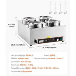 VEVOR Electric Soup Warmer, Four 6.34QT Stainless Steel Round Pot with 86~185°F Adjustable Temp, 1500W Commercial Bain Marie with Anti-dry Burn and Reset Button, Soup Station for Restaurant, Buffet