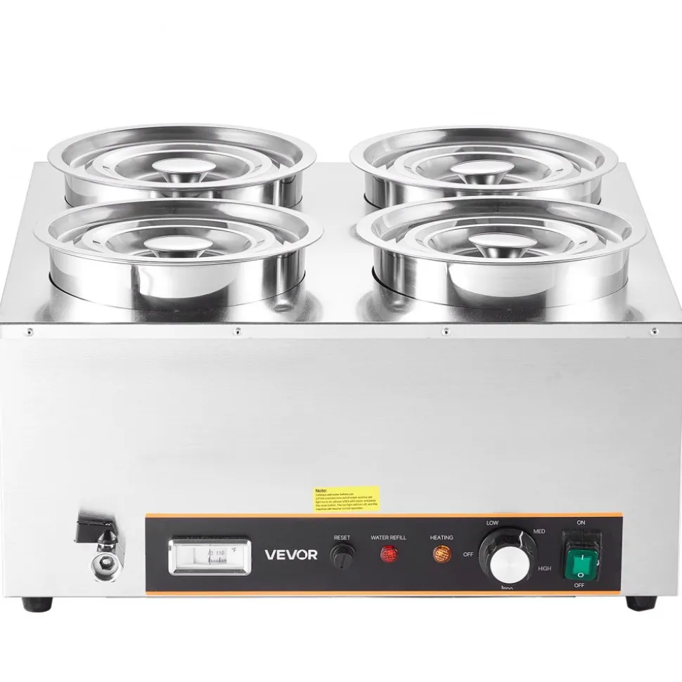 VEVOR Electric Soup Warmer, Four 6.34QT Stainless Steel Round Pot with 86~185°F Adjustable Temp, 1500W Commercial Bain Marie with Anti-dry Burn and Reset Button, Soup Station for Restaurant, Buffet