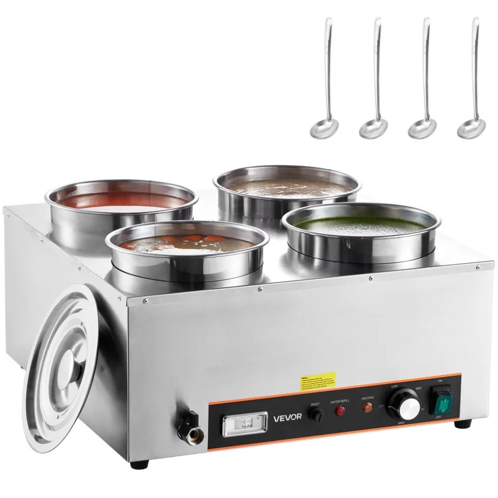 VEVOR Electric Soup Warmer, Four 6.34QT Stainless Steel Round Pot with 86~185°F Adjustable Temp, 1500W Commercial Bain Marie with Anti-dry Burn and Reset Button, Soup Station for Restaurant, Buffet