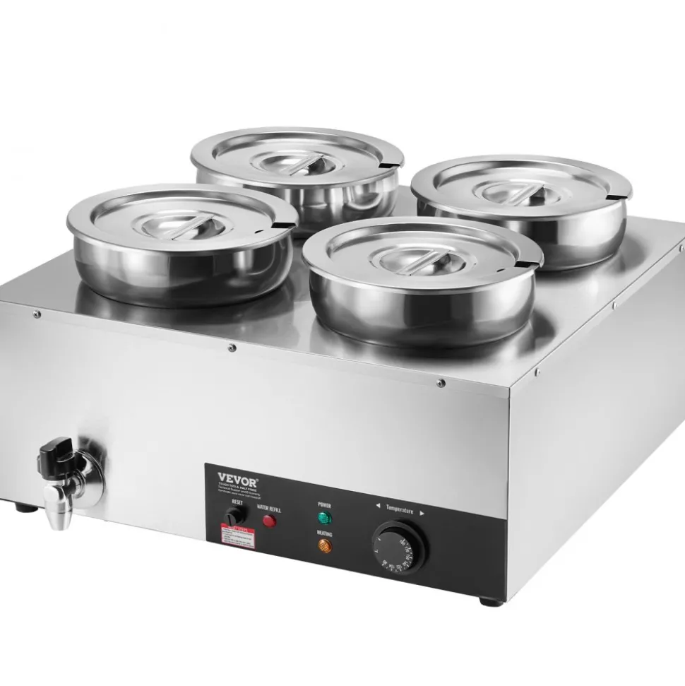 VEVOR Electric Soup Warmer, Four 7.4QT Stainless Steel Round Pot, 1500W Commercial Food Warmer, 86~185°F Adjustable Temp, Bain Marie with Anti-Dry Burn and Reset Button, for Restaurant, Buffet