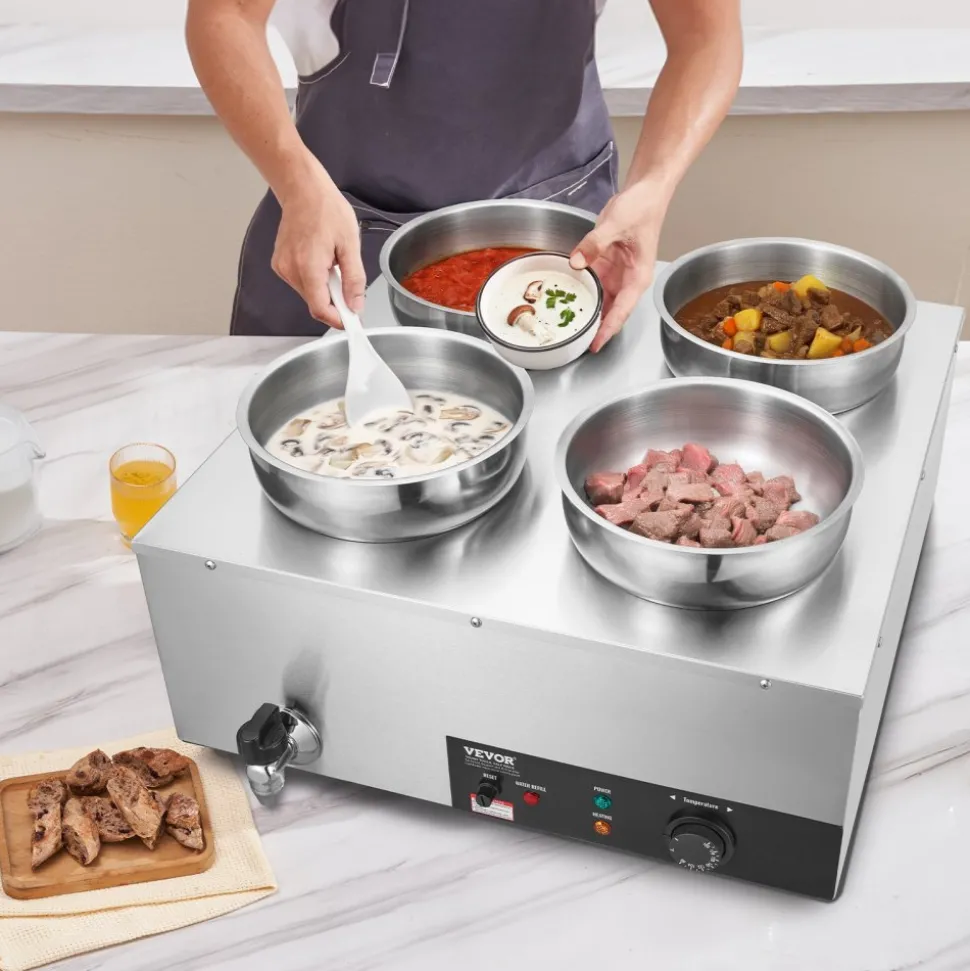 VEVOR Electric Soup Warmer, Four 7.4QT Stainless Steel Round Pot, 1500W Commercial Food Warmer, 86~185°F Adjustable Temp, Bain Marie with Anti-Dry Burn and Reset Button, for Restaurant, Buffet