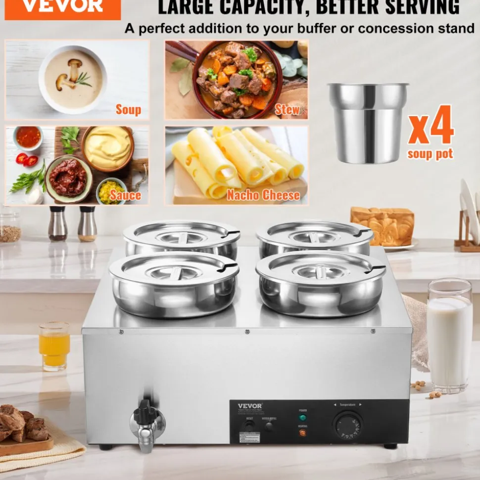 VEVOR Electric Soup Warmer, Four 7.4QT Stainless Steel Round Pot, 1500W Commercial Food Warmer, 86~185°F Adjustable Temp, Bain Marie with Anti-Dry Burn and Reset Button, for Restaurant, Buffet