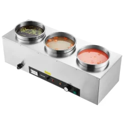 VEVOR Electric Soup Warmer, Three 6.34QT Stainless Steel Round Pot with 86~185°F Adjustable Temp, 1500W Commercial Bain Marie with Anti-dry Burn and Reset Button, Soup Station for Restaurant, Buffet