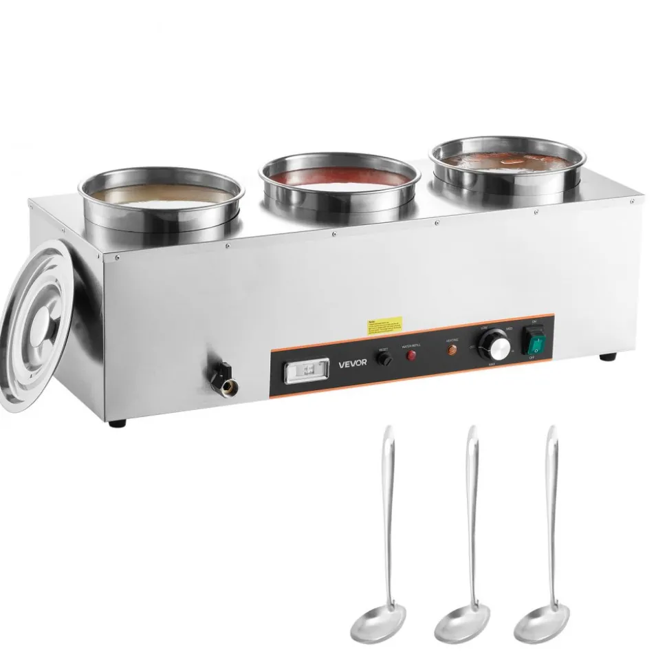 VEVOR Electric Soup Warmer, Three 6.34QT Stainless Steel Round Pot with 86~185°F Adjustable Temp, 1500W Commercial Bain Marie with Anti-dry Burn and Reset Button, Soup Station for Restaurant, Buffet
