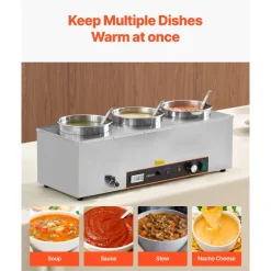 VEVOR Electric Soup Warmer, Three 6.34QT Stainless Steel Round Pot with 86~185°F Adjustable Temp, 1500W Commercial Bain Marie with Anti-dry Burn and Reset Button, Soup Station for Restaurant, Buffet
