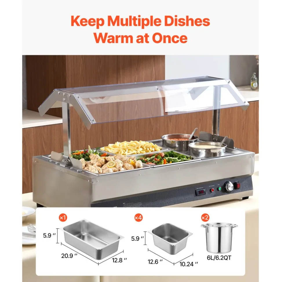 VEVOR Electric Soup Warmer, Two 6.34QT Pots & Four 1/2 Pans, Stainless Steel Commercial Food Warmer with 86~185°F Adjustable Temp, 1500W Bain Marie with Cover, Soup Station for Restaurant, Buffet