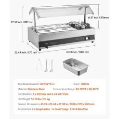 VEVOR Electric Soup Warmer, Two 6.34QT Pots & Four 1/2 Pans, Stainless Steel Commercial Food Warmer with 86~185°F Adjustable Temp, 1500W Bain Marie with Cover, Soup Station for Restaurant, Buffet