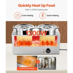 VEVOR Electric Soup Warmer, Two 6.34QT Stainless Steel Round Pot with 86~185°F Adjustable Temp, 1200W Commercial Bain Marie Compatible with Pans, Soup Station for Restaurant, Buffet