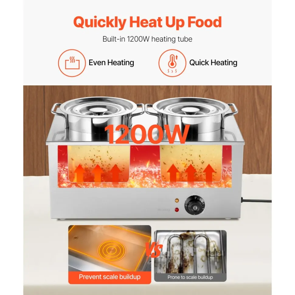 VEVOR Electric Soup Warmer, Two 6.34QT Stainless Steel Round Pot with 86~185°F Adjustable Temp, 1200W Commercial Bain Marie Compatible with Pans, Soup Station for Restaurant, Buffet
