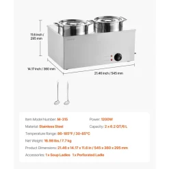 VEVOR Electric Soup Warmer, Two 6.34QT Stainless Steel Round Pot with 86~185°F Adjustable Temp, 1200W Commercial Bain Marie Compatible with Pans, Soup Station for Restaurant, Buffet