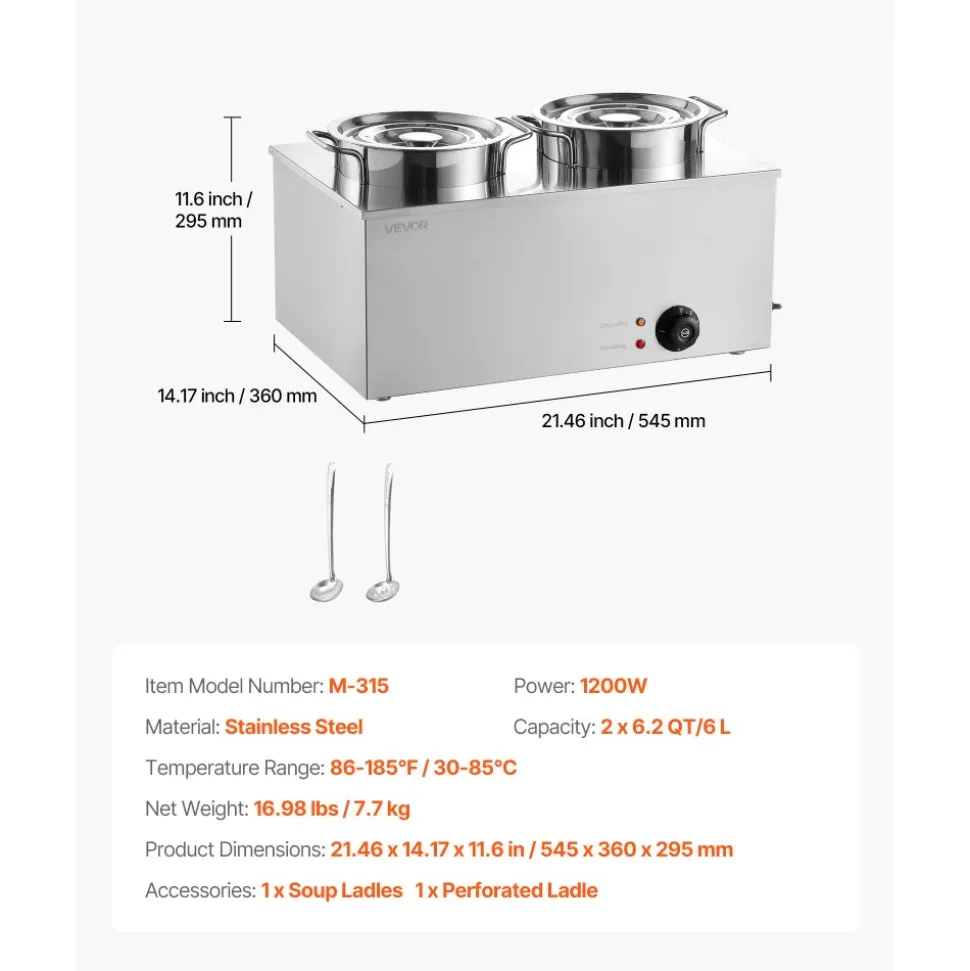 VEVOR Electric Soup Warmer, Two 6.34QT Stainless Steel Round Pot with 86~185°F Adjustable Temp, 1200W Commercial Bain Marie Compatible with Pans, Soup Station for Restaurant, Buffet