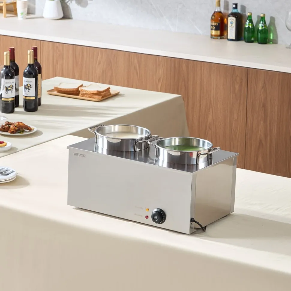 VEVOR Electric Soup Warmer, Two 6.34QT Stainless Steel Round Pot with 86~185°F Adjustable Temp, 1200W Commercial Bain Marie Compatible with Pans, Soup Station for Restaurant, Buffet