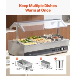 VEVOR Electric Soup Warmer, Two 6.34QT Pots & Six 1/3 Pans, Stainless Steel Commercial Food Warmer with 86~185°F Adjustable Temp, 1500W Bain Marie with Cover, Soup Station for Restaurant, Buffet