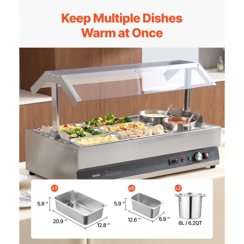 VEVOR Electric Soup Warmer, Two 6.34QT Pots & Six 1/3 Pans, Stainless Steel Commercial Food Warmer with 86~185°F Adjustable Temp, 1500W Bain Marie with Cover, Soup Station for Restaurant, Buffet